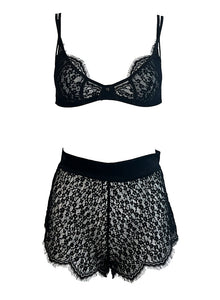 Tahlia chic lounge set with peek-a-boo lace, silky charmeuse waist band, and flirty scalloped eyelashes for a seductive, curve-flattering fit.
