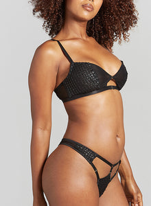 Bebe's ultimate bralette tantalizes with each touch. Sheer mesh panels are seamed and adorned with lustrous embroidered dots. Unhook the gold metal clasps in the front and back for a gorgeous reveal.    
