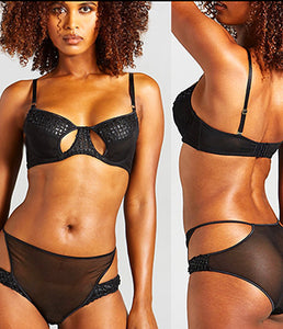 Entrancing ouvert details lure the eye, to this bra style. Austrian recycled embroidery graces your neckline, while captivating teardrop-shaped peepholes offer alluring views of your décolletage. Italian binding outlines and finishes this bra with exquisite finesse.  Pair with the Tammy brief or Arabella latch thong.