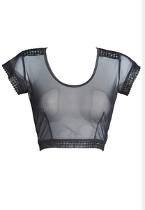 Foxy Sheer Crop Top – Unleash your bold side with this seductive Italian sheer mesh top, featuring upcycled Austrian embroidered dot panels, perfect for showcasing your curves with confidence and style