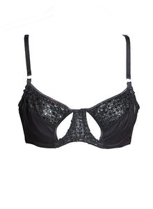 Luxury underwire bra with ouvert details, Austrian recycled embroidery, teardrop peepholes, and Italian binding for a seductive and finely crafted look.