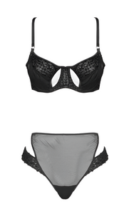 Luxury underwire bra with ouvert details, Austrian recycled embroidery, teardrop peepholes, and Italian binding for a seductive and finely crafted look.