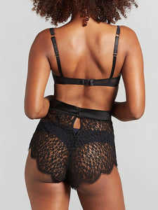 Tahlia lounge set with seductive peek-a-boo lace, silky charmeuse waist band, and scalloped eyelash details.