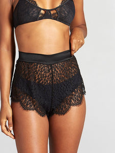 Tahlia lounge set with seductive peek-a-boo lace, silky charmeuse waist band, and scalloped eyelash details.